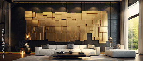 Gold, White, and Black Interior Living Room Design - Organic Gold Backlit Panels in Futuristic RoyalCore Theme - Generative AI photo