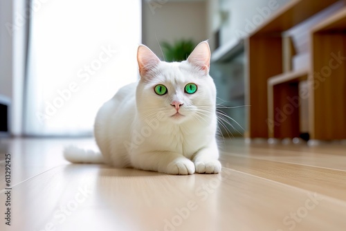 Portrait of Pure White Cat with green eyes