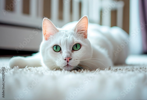 Portrait of Pure White Cat with green eyes