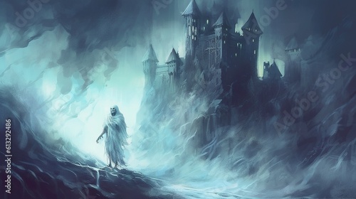 A ghost haunting a cursed castle . Fantasy concept , Illustration painting. Generative Ai