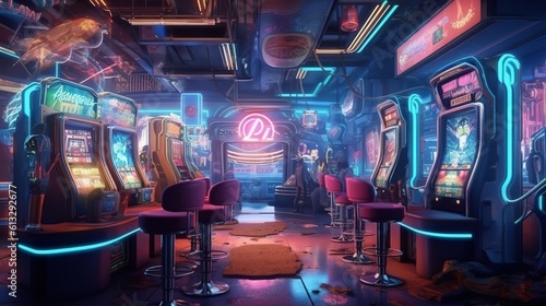 A futuristic casino filled with high-tech gambling machines . Fantasy concept , Illustration painting. Generative Ai