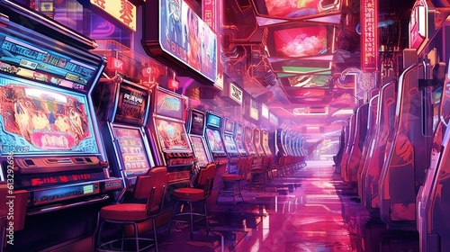 A futuristic casino filled with high-tech gambling machines . Fantasy concept , Illustration painting. Generative Ai