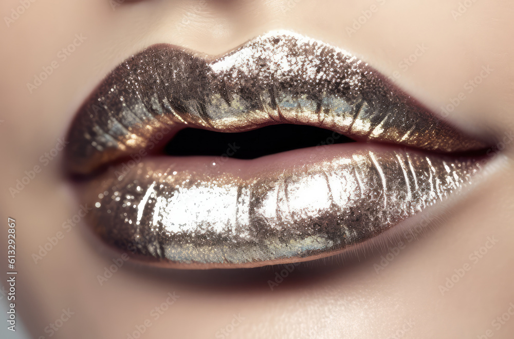 Woman Lips Closeup, Golden Lipstick, Gold Makeup, Beautiful Mouth Make-Up, Model Girl Lip Woman Lips Closeup, Golden Lipstick, Gold Makeup, Beautiful Mouth Make-Up, Model Girl Lip