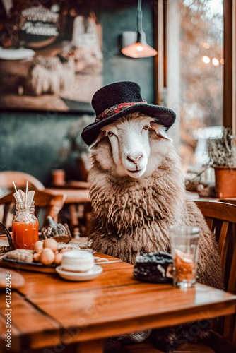 Sheep in a hat enjoying a refreshing cocktail in a cafe ai generation High quality photo