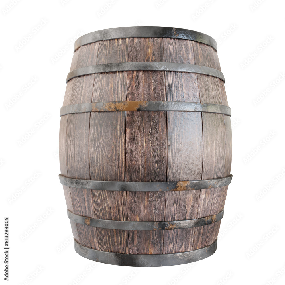 Fototapeta premium Brown Wooden Barrel Cask Cut Out. Realistic 3D Render.