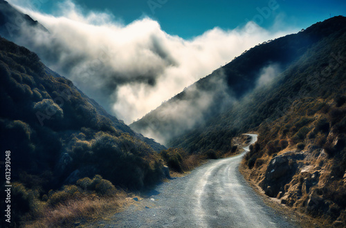 a scenic mountain road with clouds and white out