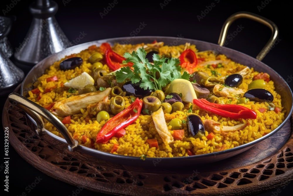 Vegetarian Paella, Spanish Traditional Food, Rice with Vegetables, Saffron, Abstract Generative AI Illustration