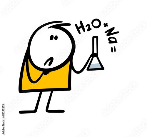 At chemistry lesson, student solves a problem, deduces chemical formula for the reaction of water and sodium. Vector illustration of a thoughtful stickman.
