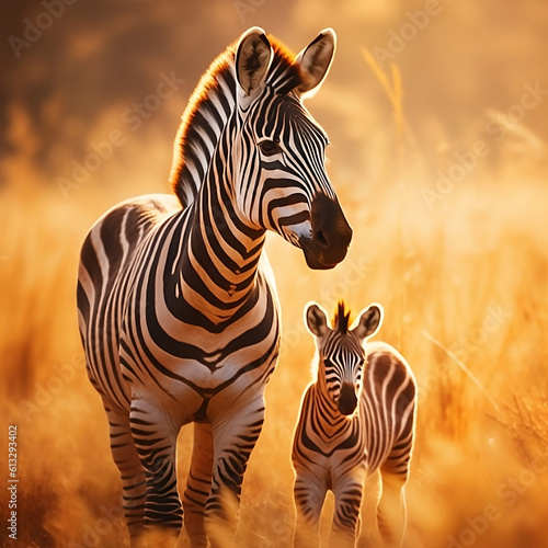 Savanna life  two zebras  mother and kid zebra  standing   sunset colors. Reservation habitants.illustration created with generative AI technologies