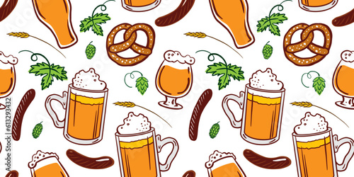 Beer seamless pattern for Festival banner, bar poster design. Beer mugs, pretzel, sausages, weat, hop on white background. Vector illustration