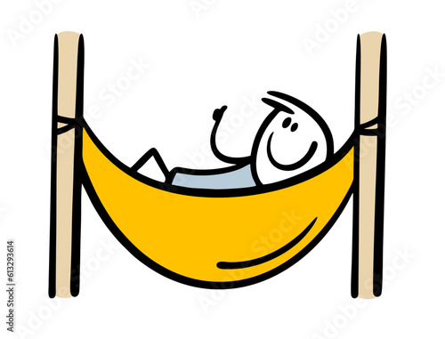 A satisfied stickman is resting, lying in a hammock shows a sign of ok. Vector illustration of relaxing guy on vacation.