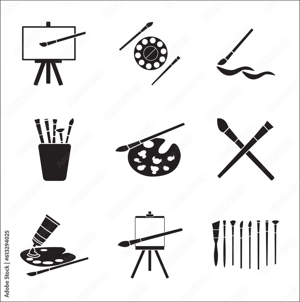 Simple Set of Related Vector Line Icons. canvas icon. palette icon. Wooden easel with blank canvas.