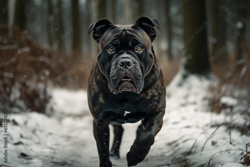 Majestic Cane Corso Charging Towards the Lens in a Winter Wonderland ai generation High quality photo