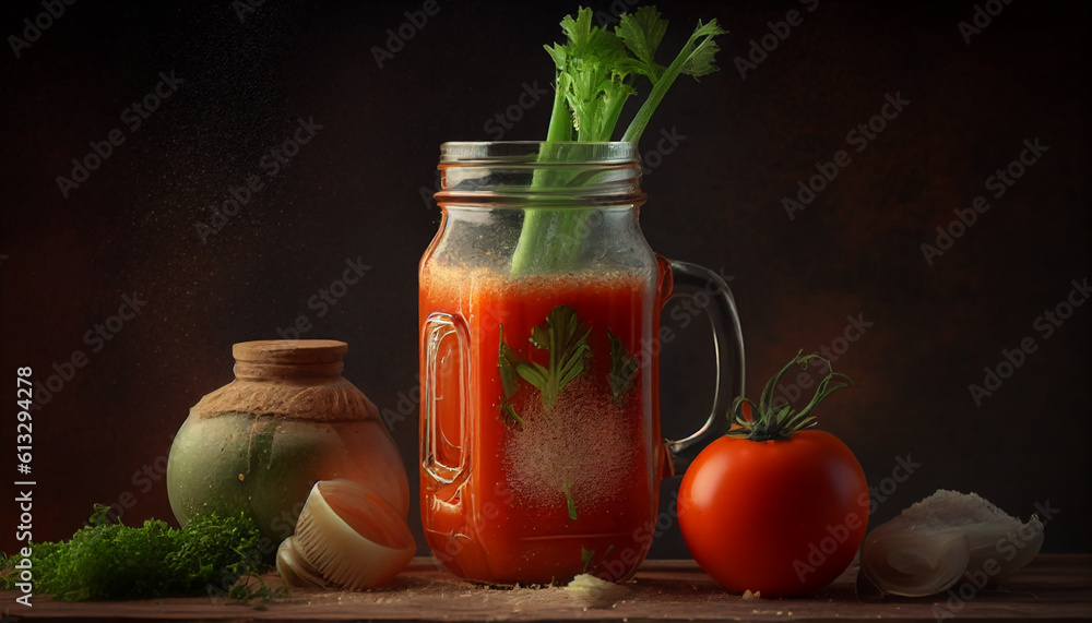 Tomato juice and tomatoes, delicious tomato juice with beautiful red tomatoes in a glass, Generative AI Tomato juice and tomatoes, delicious tomato juice with beautiful red tomatoes in a glass, Generative AI