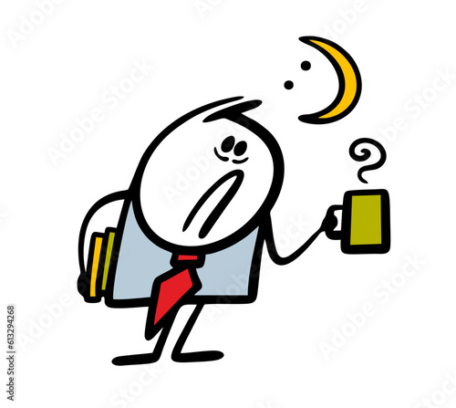 Tired businessman with a mug of hot coffee works at night. Vector illustration of a busy sleepy stickman.
