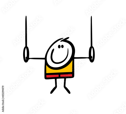 Young athlete is doing a gymnastic exercise, hanging on rings. Vector illustration of sports training with equipment.