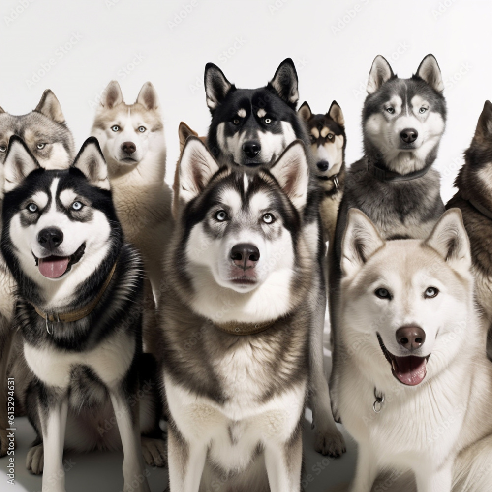 A flock of siberian huskies sit in a photo studio and look at the camera ai generation High quality photo