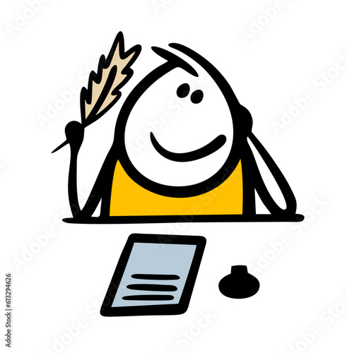 Poet or writer sits at a table, holds a pen and reflects on a book. Vector illustration of a creative stickman at work.