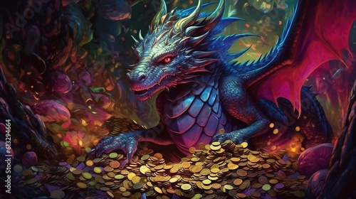 A dragon hoarding treasure in its lair . Fantasy concept , Illustration painting. Generative Ai © X-Poser