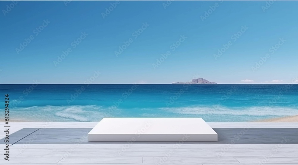 Fototapeta premium Blue sky and white clouds display background, white stone display stand, AI generated