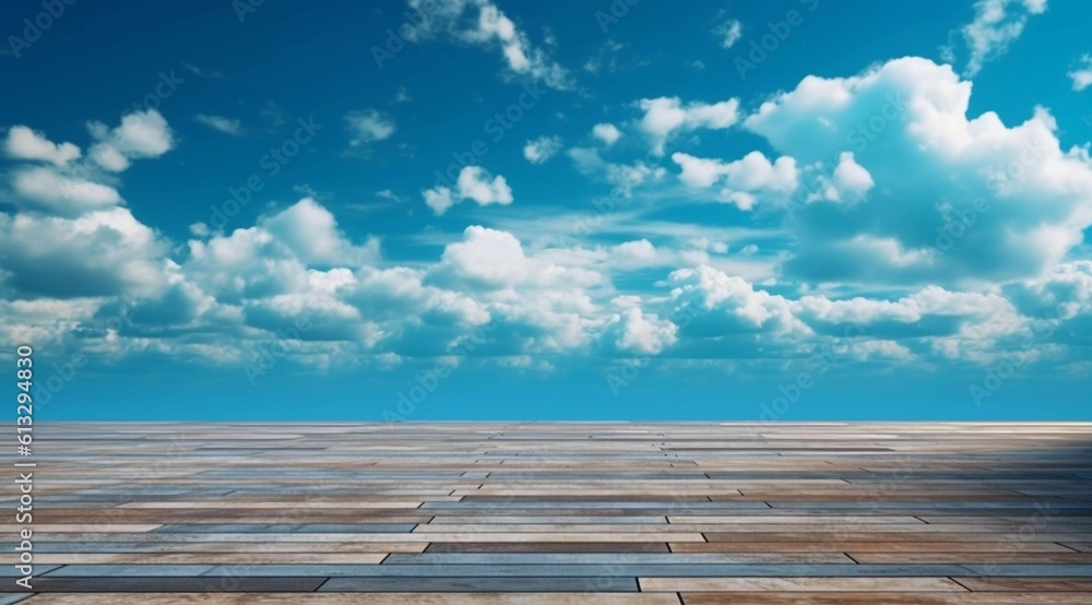 Blue sky and white clouds display background, wooden floor, AI generated