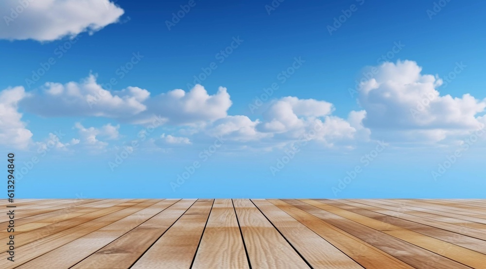 Blue sky and white clouds display background, wooden floor, AI generated Blue sky and white clouds display background, wooden floor, AI generated