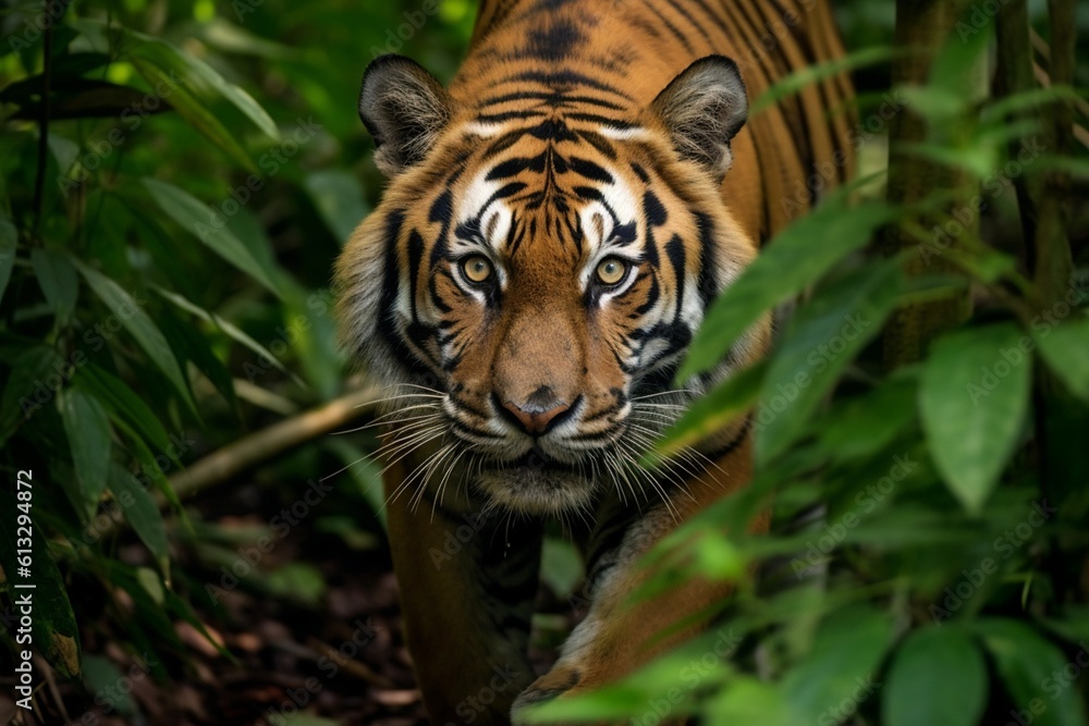 High-definition Detailed Image of Bengal Tiger in Dense Jungle: Highlighting the Stealth and Majestic Beauty of Wildlife with a Full-frame Mirrorless Camera and Prime Lens generative AI High-definition Detailed Image of Bengal Tiger in Dense Jungle: Highlighting the Stealth and Majestic Beauty of Wildlife with a Full-frame Mirrorless Camera and Prime Lens generative AI