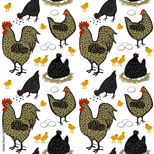 Chicken vector hand drawn seamless pattern. Chicken, speckled hen on nest, rooster, cock and chicks white background for poster, flyer, farm package design.