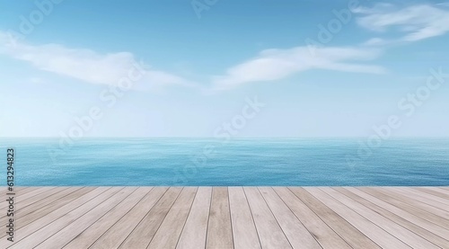 Blue sky and white clouds display background, wooden floor, AI generated