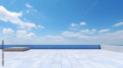Blue sky and white clouds display background, terrace made of tiles, AI generated