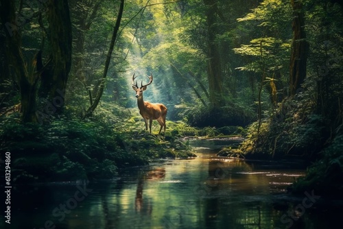 Deer Cautiously Drinking from Forest Stream: Capturing the Peace and Tranquility of the Wilderness generative AI