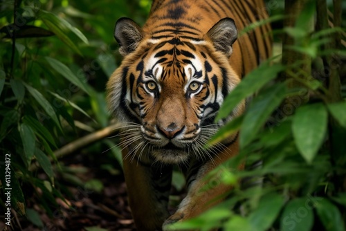 High-definition Detailed Image of Bengal Tiger in Dense Jungle  Highlighting the Stealth and Majestic Beauty of Wildlife with a Full-frame Mirrorless Camera and Prime Lens generative AI