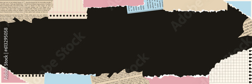 Vintage torn paper Background. Trendy paper collage frame. Sticky notes, shreds of notebook pages, newspaper. Vector illustration.	