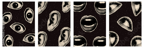 Halftone collage retro posters set. Lips, eyes, ear in outer space. Psychedelic old style. Vector Art.