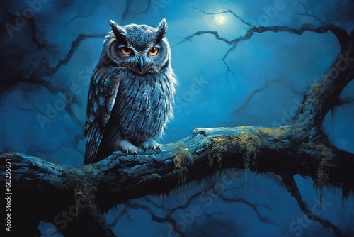 Owl Perched on High Branch at Night: Exemplifying the Solitude and Mystery of Nocturnal Creatures in Their Natural Settings generative AI