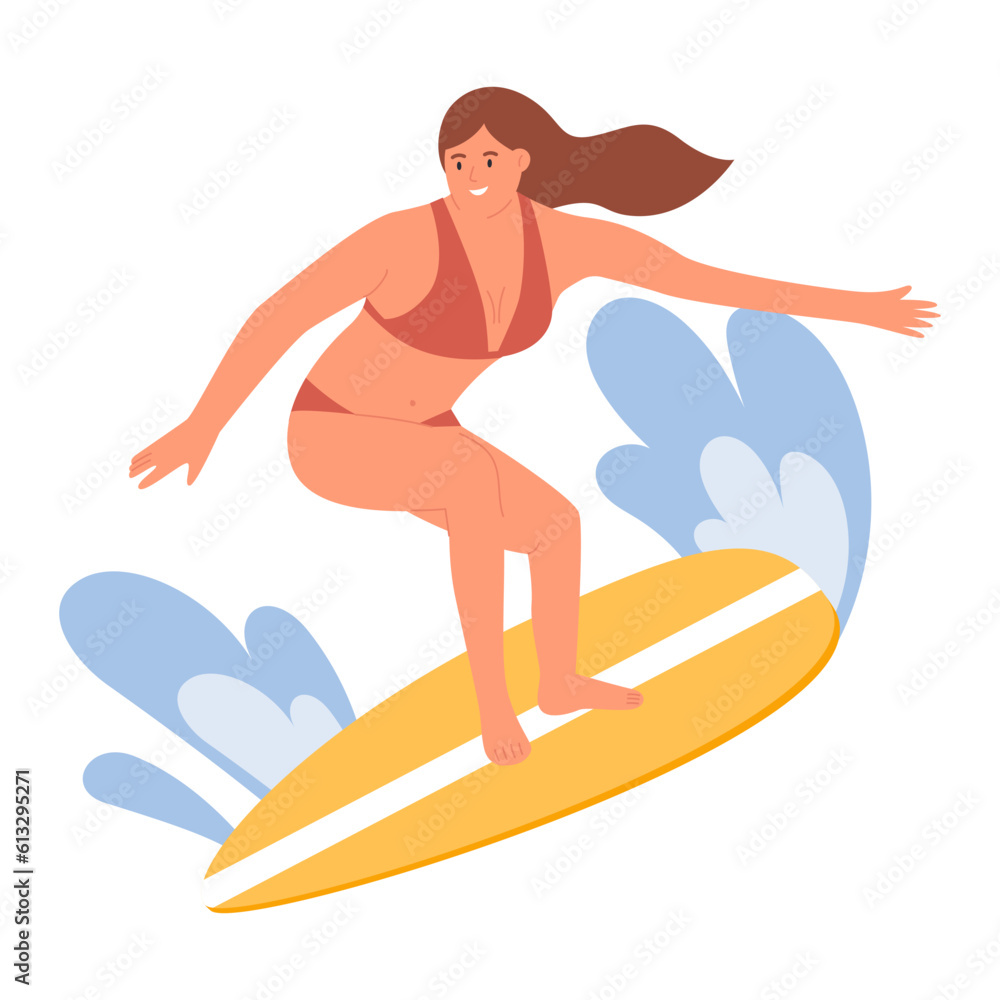 Woman surfer in swimwear surfing in sea or ocean, standing with surfboard. Girl on extreme sport on wave. Vector illustration in flat cartoon style