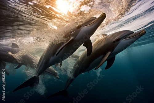High-definition Image of Dolphins Playing in the Ocean: Embracing the Vibrant Underwater Scene with DSLR Camera and Wide-Angle Lens generative AI