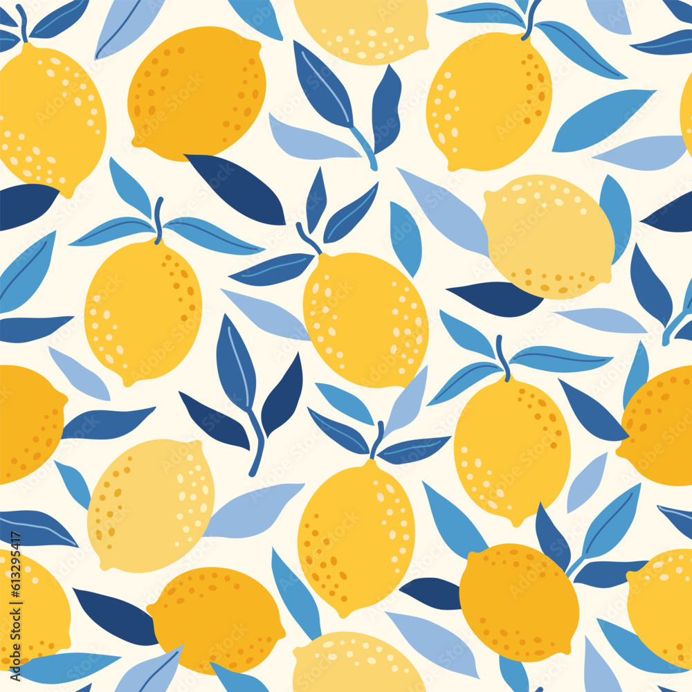 Tropical seamless pattern with yellow lemons. Fruit summer background. Vector bright modern abstract print for paper, cover, fabric.