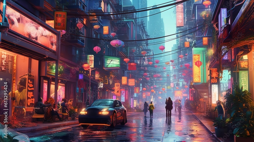 A cyberpunk city with flying cars and holographic advertisements . Fantasy concept , Illustration painting. Generative Ai