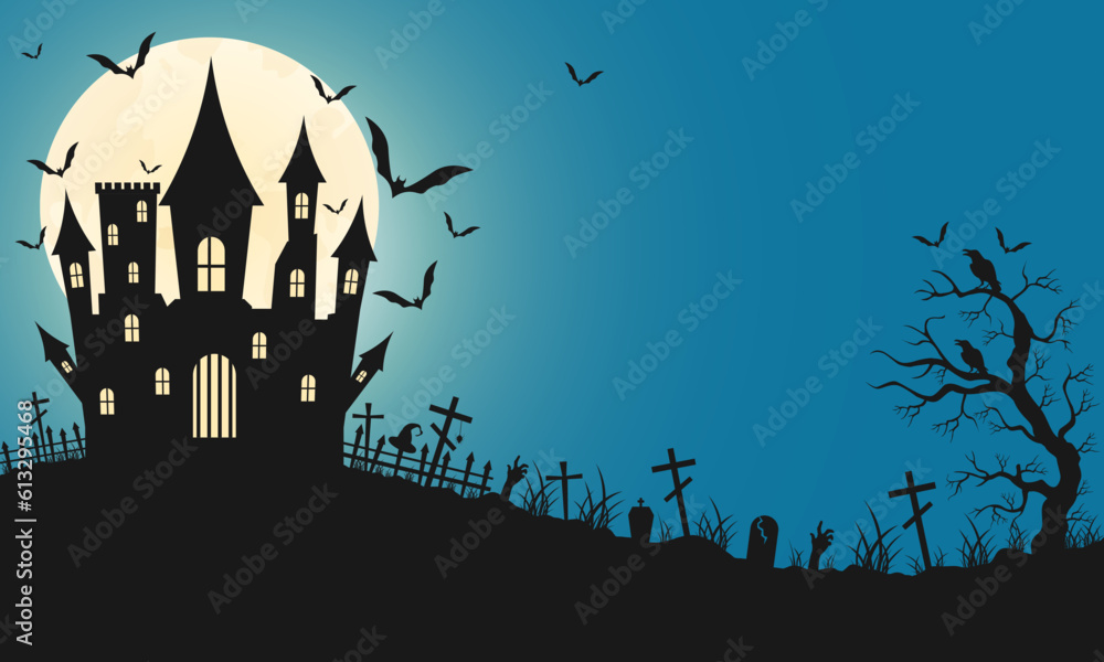 Spooky Halloween background with casttle. Creepy hand, bat, tombstone, grave, cross.Bats on the background of the full moon.Halloween design.Vector illustration