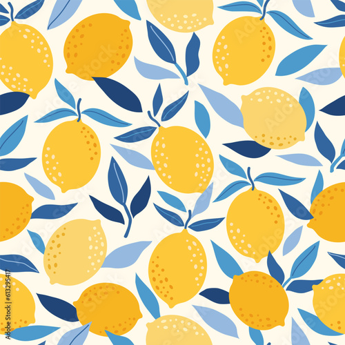 Tropical seamless pattern with yellow lemons. Fruit summer background. Vector bright modern abstract print for paper, cover, fabric.