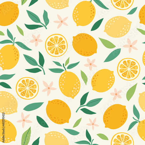 Tropical seamless pattern with yellow lemons. Cute fruit summer background. Vector bright modern print for paper, cover, fabric.