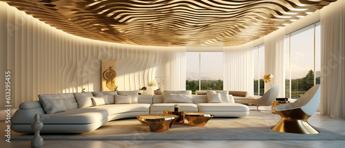 Wide Angle Futuristic Living Room Interior Design with Chromatic and Fluid Ceiling Lines - Intricate Backlit Gold Panels - RoyalCore Aesthetic - Generative AI photo