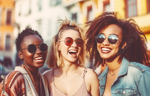 Three young beautiful women having fun and spending time together on a sunny day