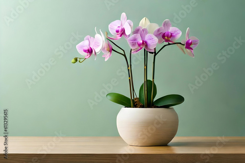 Orchid arrangement in a vase on a light green background  with a wooden minimalist sculpture as minimalist decor