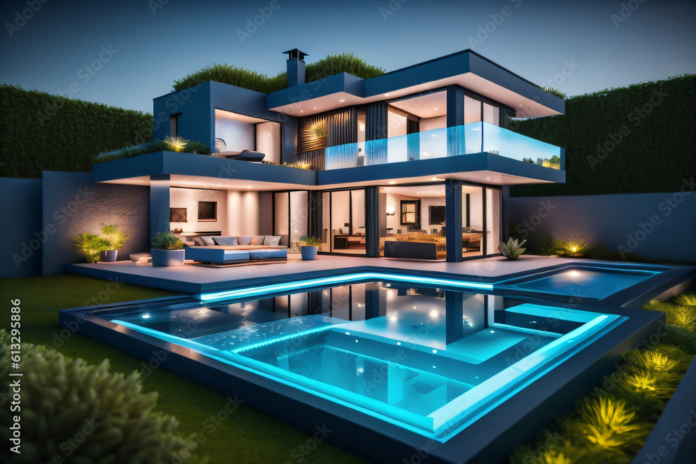 Photo generative Ai of Modern Luxury House with Garden Lamp and Blue water swimming pool