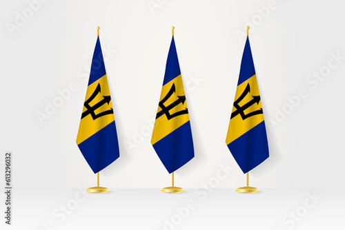 Three Barbados flags in a row on a golden stand, illustration of press conference and other meetings.