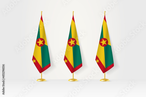 Three Grenada flags in a row on a golden stand, illustration of press conference and other meetings.