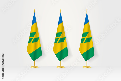 Three Saint Vincent and the Grenadines flags in a row on a golden stand, illustration of press conference and other meetings.