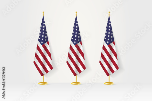 Three USA flags in a row on a golden stand, illustration of press conference and other meetings.